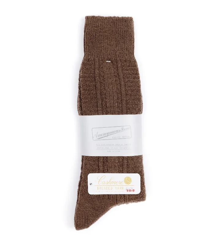 Socks with floral weave-Anonymous Ism Wool Cashmere Links Crew Socks: Brown