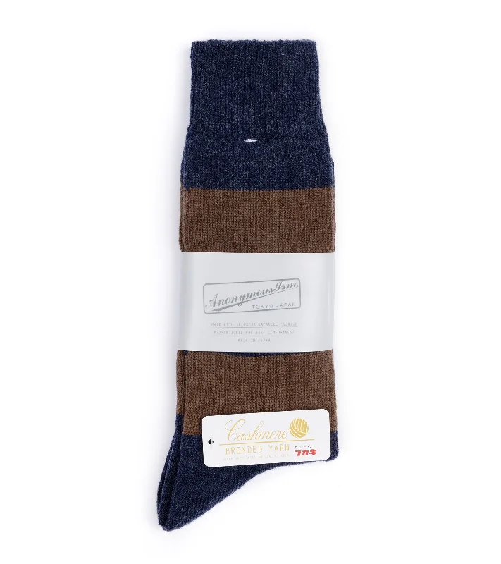 Embroidered bamboo socks-Anonymous Ism Wool Cashmere Striped Crew Socks: Blue/Brown