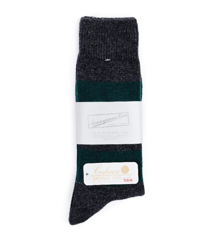 Camo silk socks-Anonymous Ism Wool Cashmere Striped Crew Socks: Grey/Green