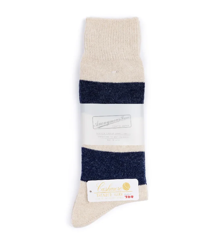 Socks with star patterns-Anonymous Ism Wool Cashmere Striped Crew Socks: Oatmeal/Blue