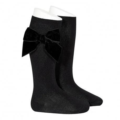 Socks with elastic tops-Black Large Velvet Bow Socks