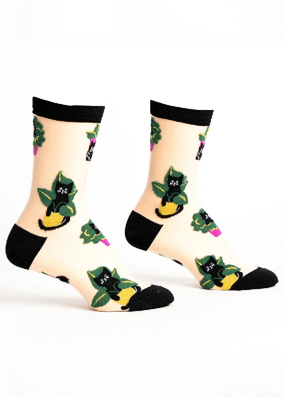 Compression socks with warmth-Cats in Plants Sheer Crew Socks