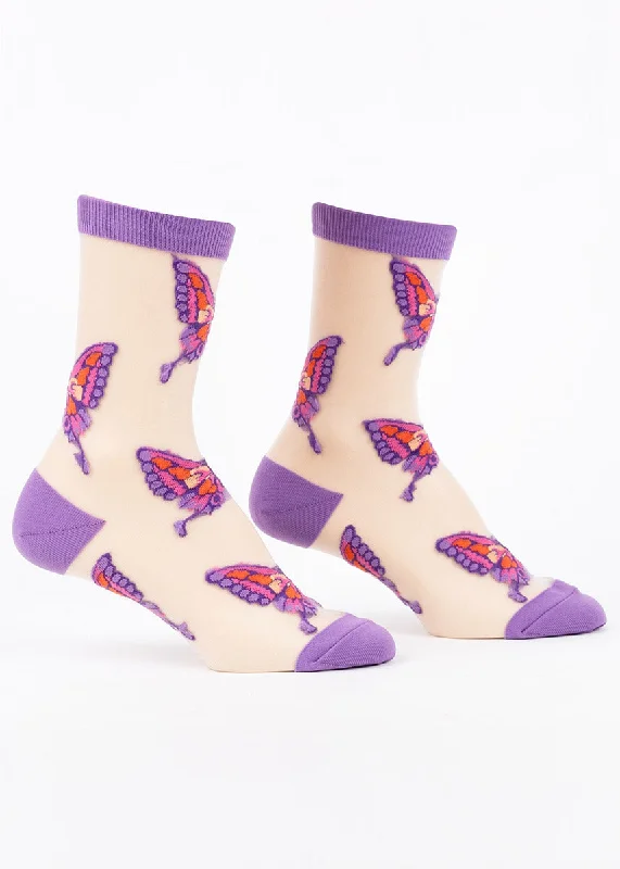 Designer knit socks-Flutter Butterfly Sheer Crew Socks