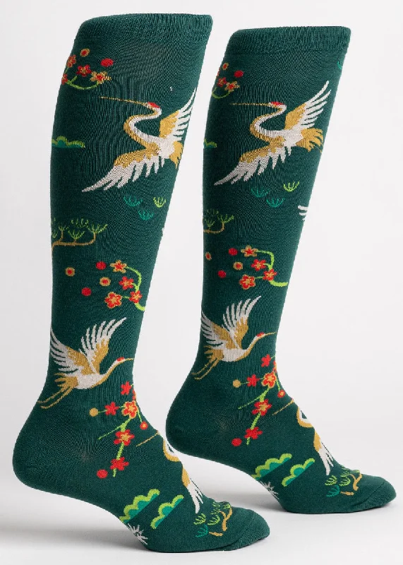 Fall fleece socks-Flying Cranes Knee Socks