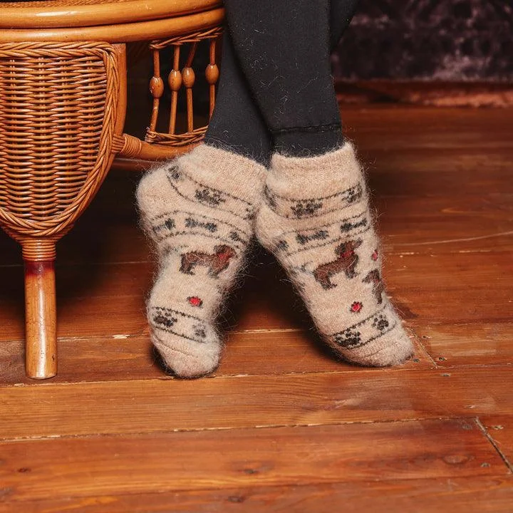 Socks with Santa designs-Happy Pups | Heavy Goat Wool | Women's Quarter Crew