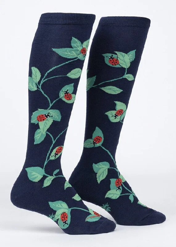 Embroidered cotton socks-Ladybug Wide-Calf Knee Socks