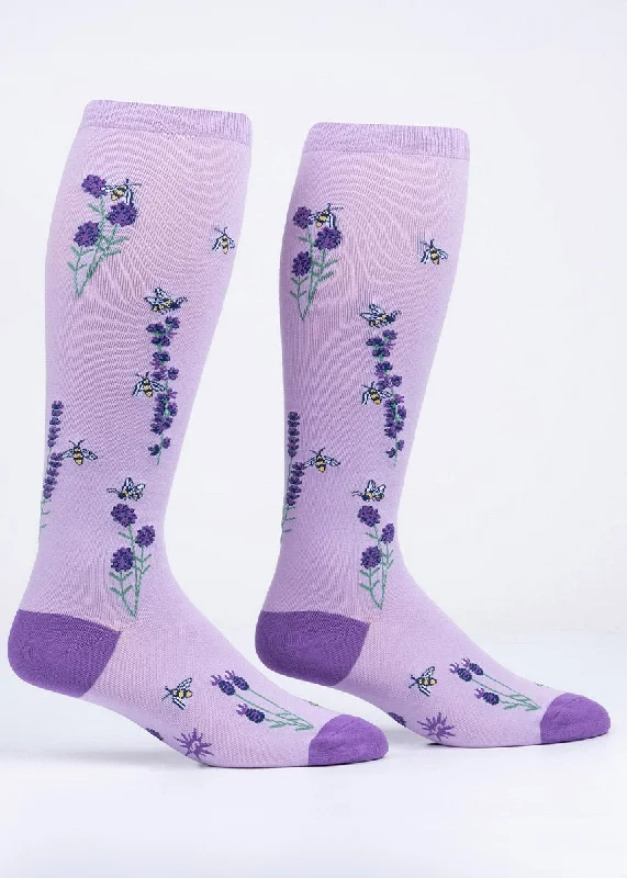 Blue athletic socks-Lavender & Bees Wide-Calf Knee Socks