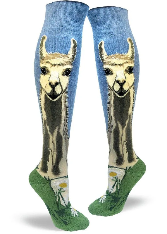 Socks with stripe weave-Lovely Llama | Roll Top | Women's Knee-high