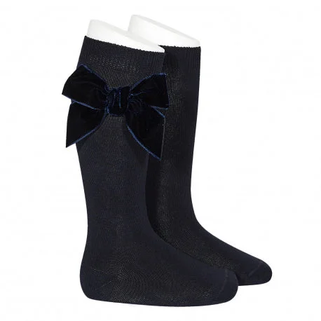 Socks with heel support-Navy Large Velvet Bow Socks