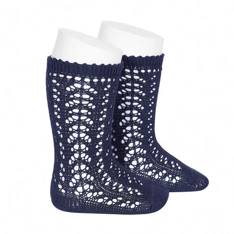 Gray cotton socks-Navy Long Open Lace Socks