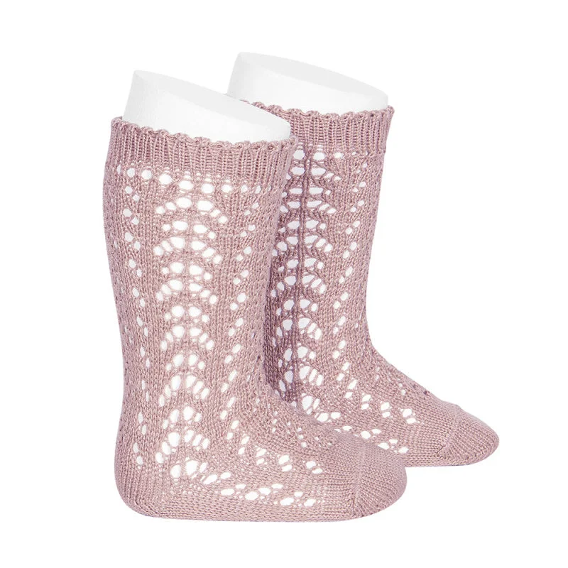 Socks with reinforced toes-Old Rose Long Lace Socks