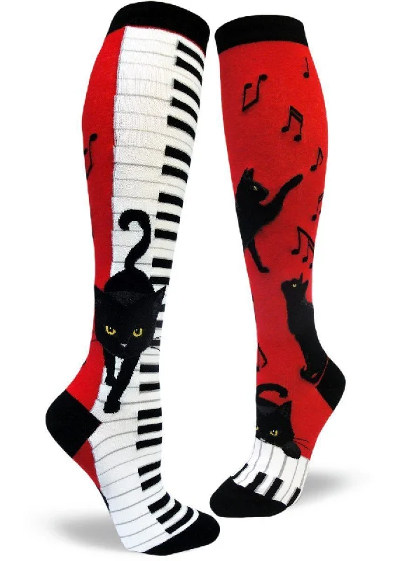 Socks with fleece padding-Piano Cat | Women's Knee-high