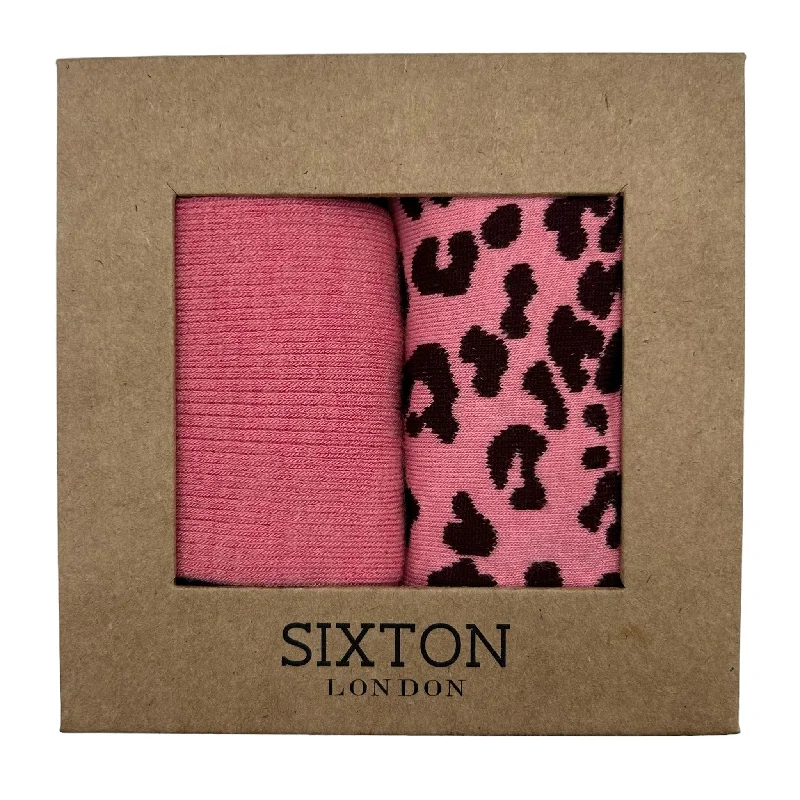 Red cotton socks-Pink Barcelona and leopard sock box duo