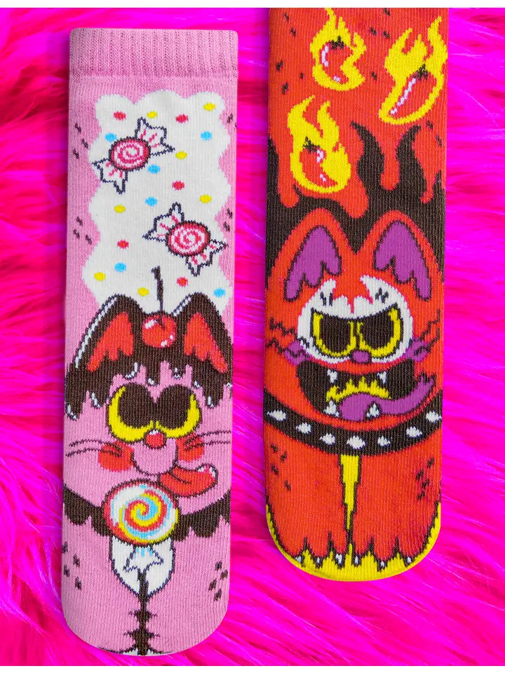 Socks with silk weave-Purrty Sweet and Feline Spicy | Teen and Adult Socks | Mismatched Cute Crazy Fun Socks