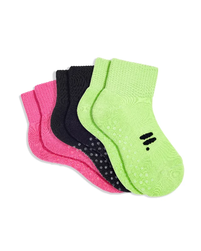 Polka dot fleece socks-Quarter Grip 3 Pack Electric