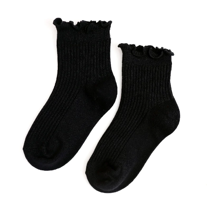 Socks with warm wool-Ribbed Lettuce Trim Midi Socks - Black