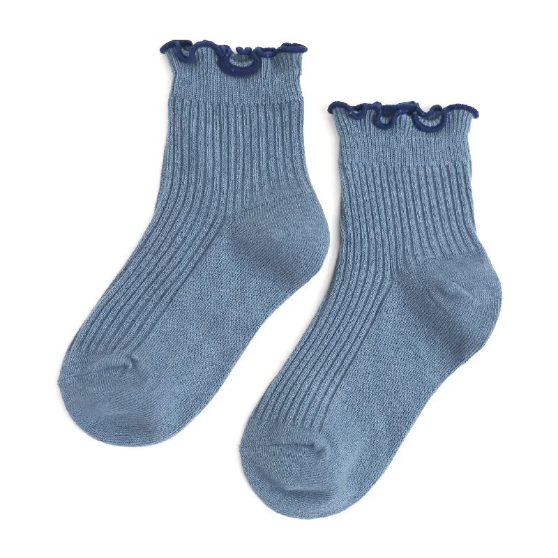 Socks with athletic cushion-Ribbed Lettuce Trim Midi Socks - Denim/Navy