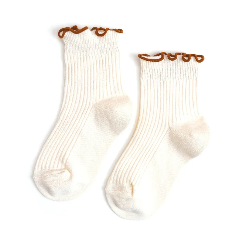 Socks with cozy fleece-Ribbed Lettuce Trim Midi Socks - Ivory/Sugar Almond