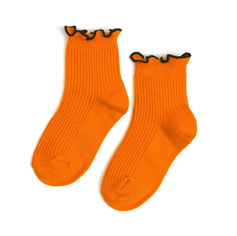 Socks with smooth silk-Ribbed Lettuce Trim Midi Socks - Orange/Black