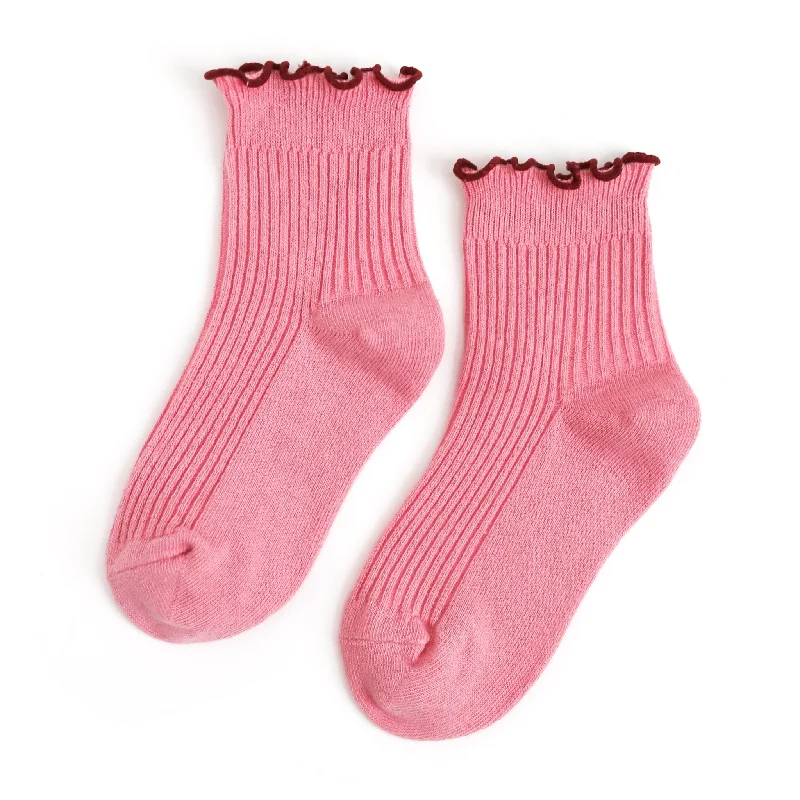 Athletic socks with padding-Ribbed Lettuce Trim Midi Socks - Pink/Burgundy