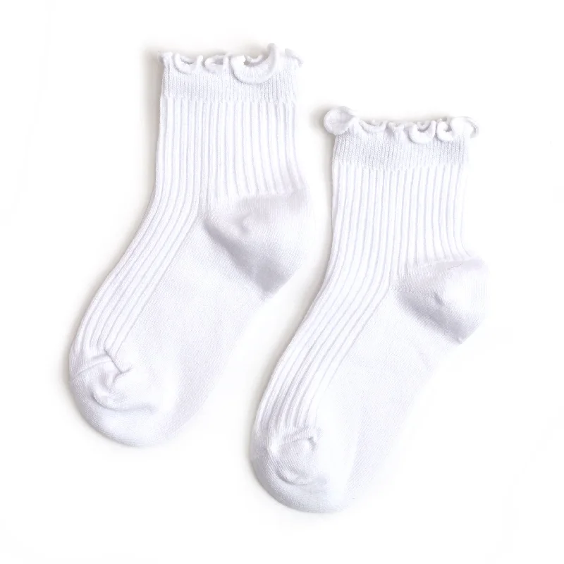 Socks with stretchy tops-Ribbed Lettuce Trim Midi Socks - White