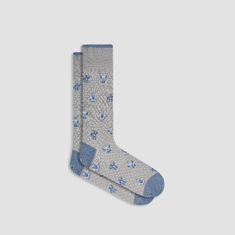 Gray fleece socks-Robot Mid-Calf Socks