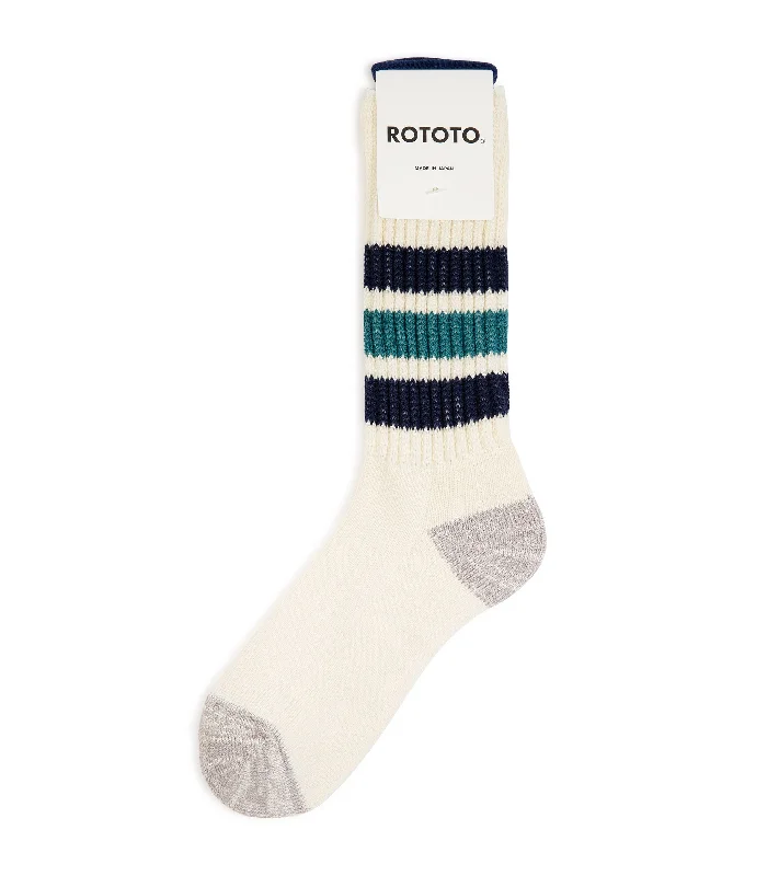 Socks with stripe trim-RoToTo Coarse Ribbed Old School Crew Socks: Navy/Green