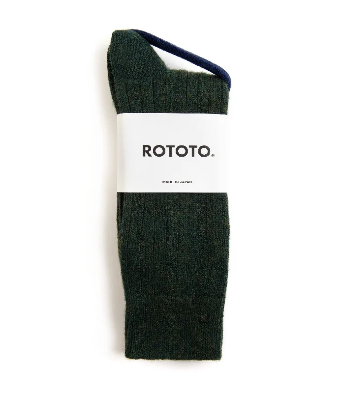 Purple cotton socks-RoToTo Cotton Wool Ribbed Crew Socks: Dark Green