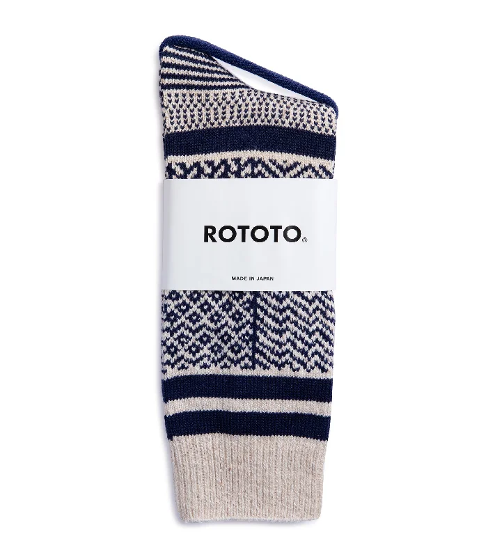 Red knit socks-RoToTo Multi Jacquard Crew Socks: Ivory/Navy