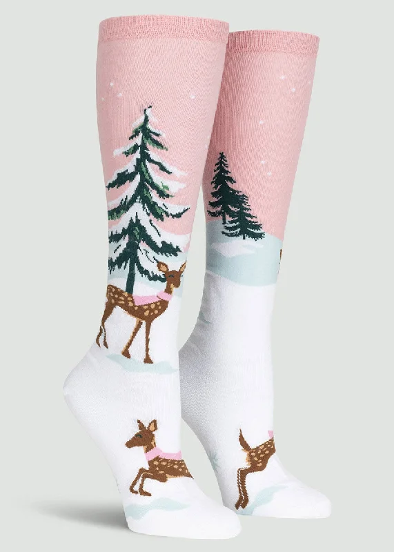 Plaid socks for preppy vibes-Shimmer Snow Deer Knee Socks