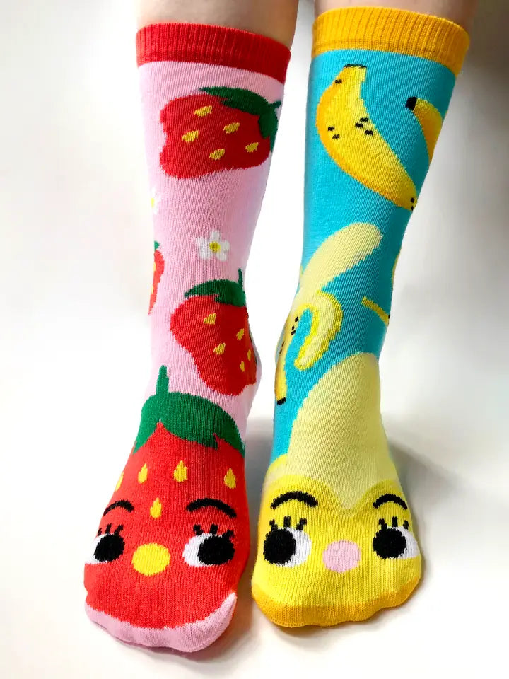 Budget thermal socks-Strawberry and Banana | Teen and Adult Socks | Mismatched Cute Crazy Fun Socks