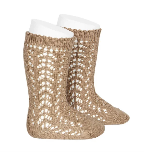 Striped bamboo socks-Tan Long Open Lace Socks