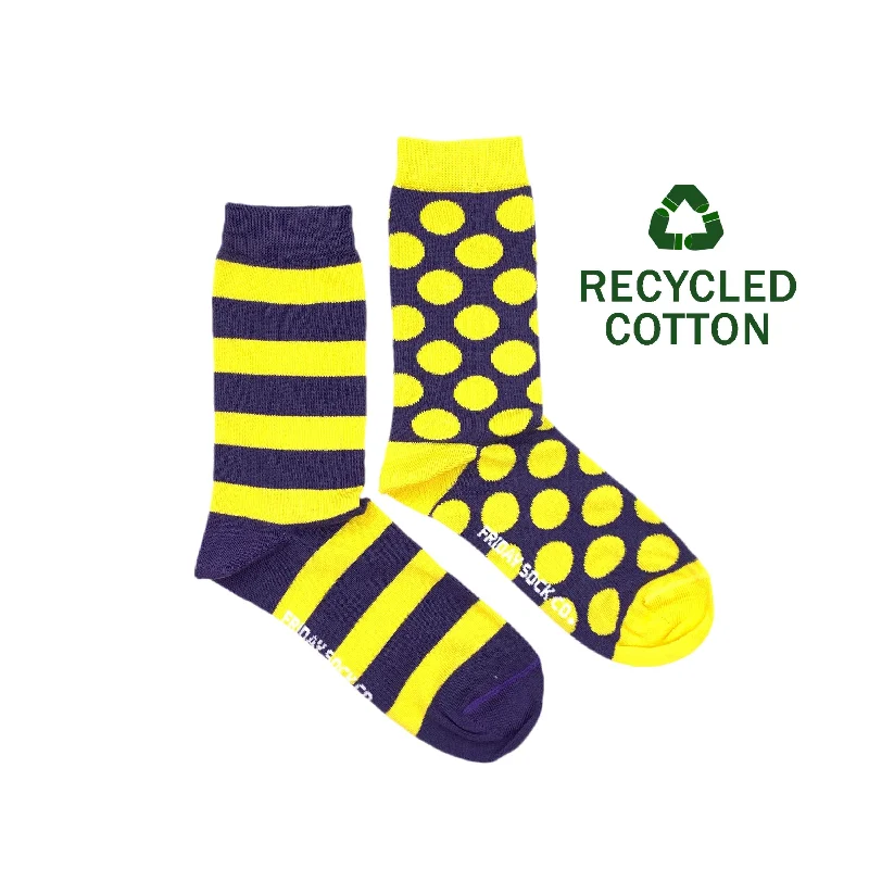 Socks with elastic cuffs-Women's Recycled Cotton Purple & Yellow Stripe & Dot Socks