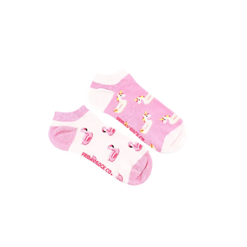 Socks with stripe trim-Women's Unicorn & Flamingo Pool Floaty Ankle Socks